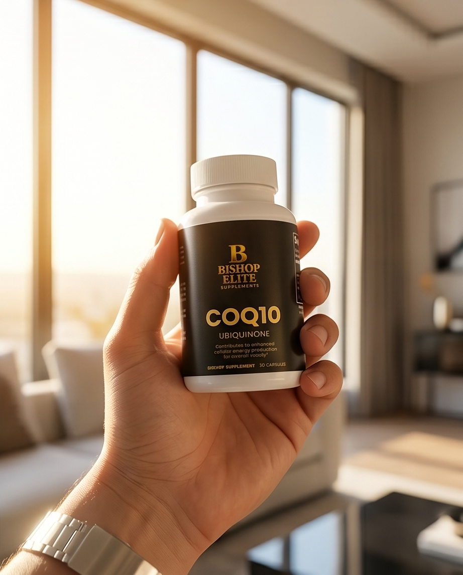 Hand holding a supplement bottle labeled 'Bishop Elite COQ10' in a living room setting..  bishop Elite Supplements 