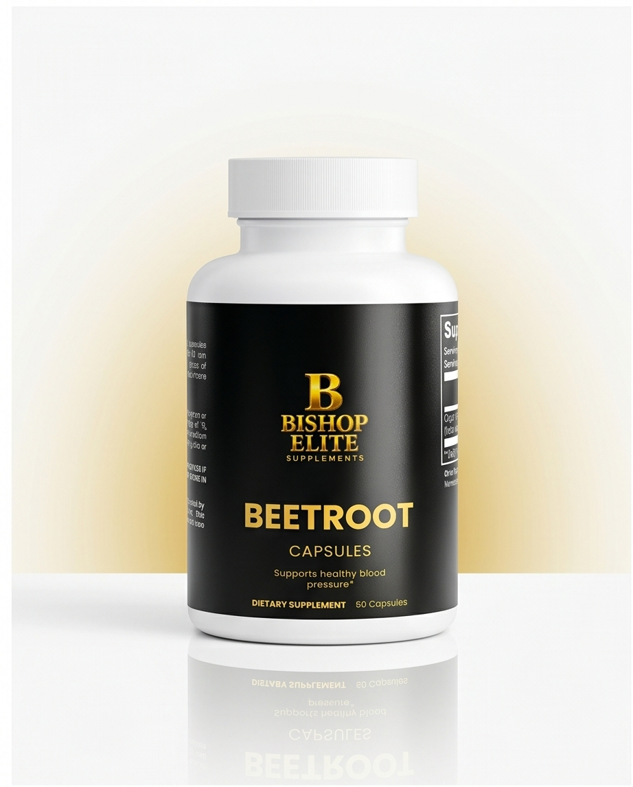 Bishop Elite Beetroot capsules bottle on a white background.  Bishop Elite Supplements 