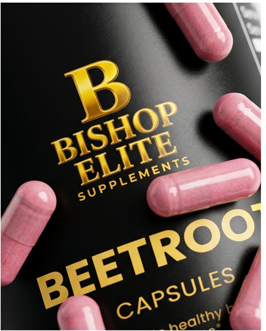 Bishop Elite Supplements Beetroot Capsules packaging with pink capsules. Bishop Elite Supplements 