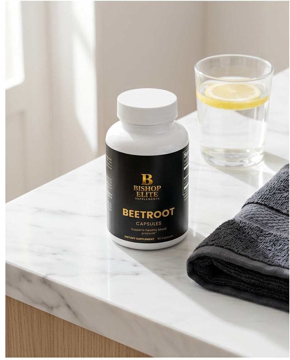 Bottle of Bishop Elite Beetroot Capsules on a marble surface with a glass of water and lemon. Bishop Elite Supplements 