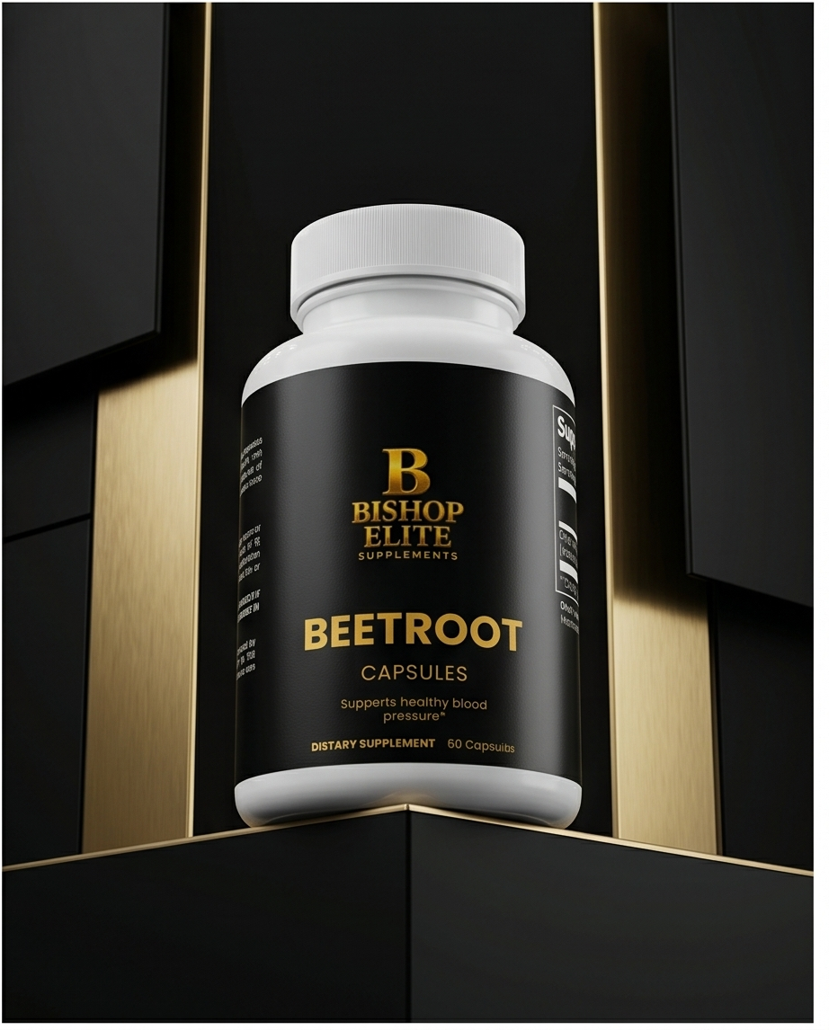 Bottle of Bishop Elite Beetroot Capsules on a black and gold background.  Bishop Elite Supplements 