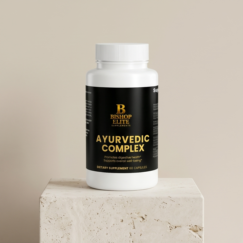 Supplement bottle labeled 'Ayurvedic Complex' by Bishop Elite on a beige background.  Bishop Elite Supplements 