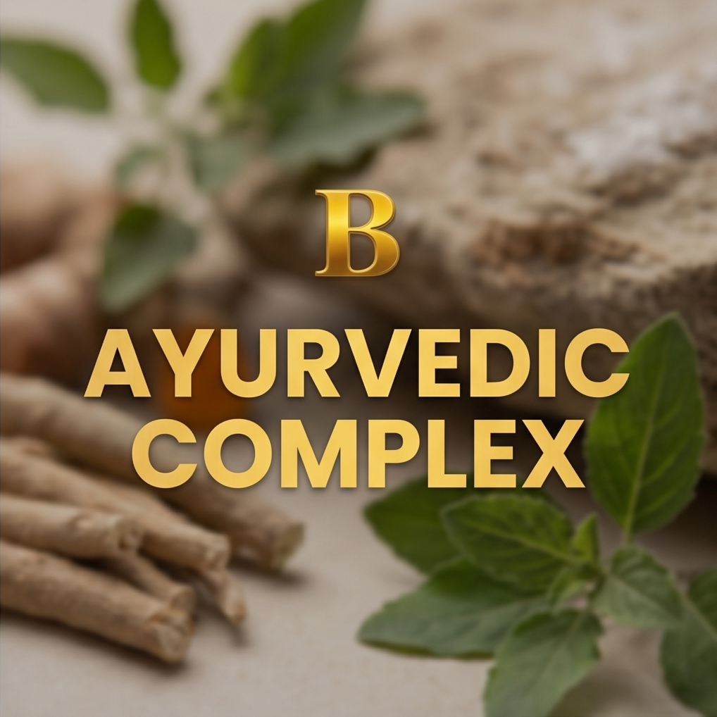 Ayurvedic complex with herbs and leaves on a stone surface.  Bishop Elite Supplements 