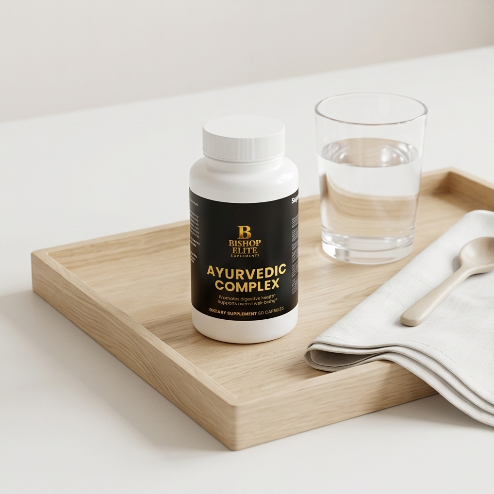 Bottle of 'Ayurvedic Complex' on a wooden tray with a glass of water and a spoon..  bishop Elite Supplements 