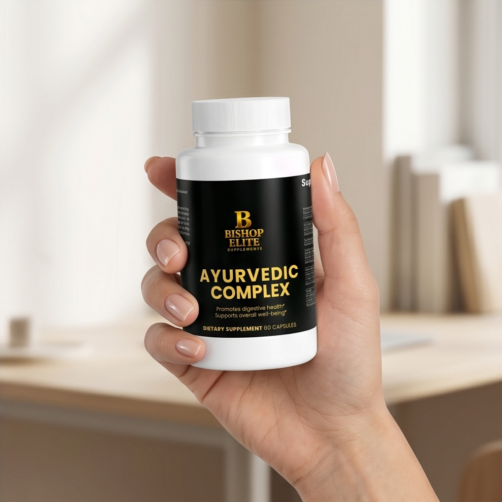 Hand holding a bottle of 'Ayurvedic Complex' supplement with a blurred indoor background.  Bishop Elite 