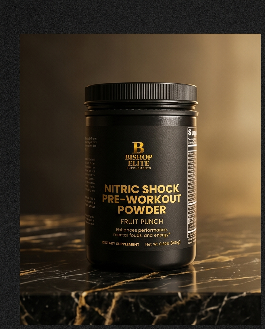 Black container of Bishop Elite Supplements Nitric Shock Pre-Workout Powder on a dark surface with a gradient background. Bishop Elite Supplements 