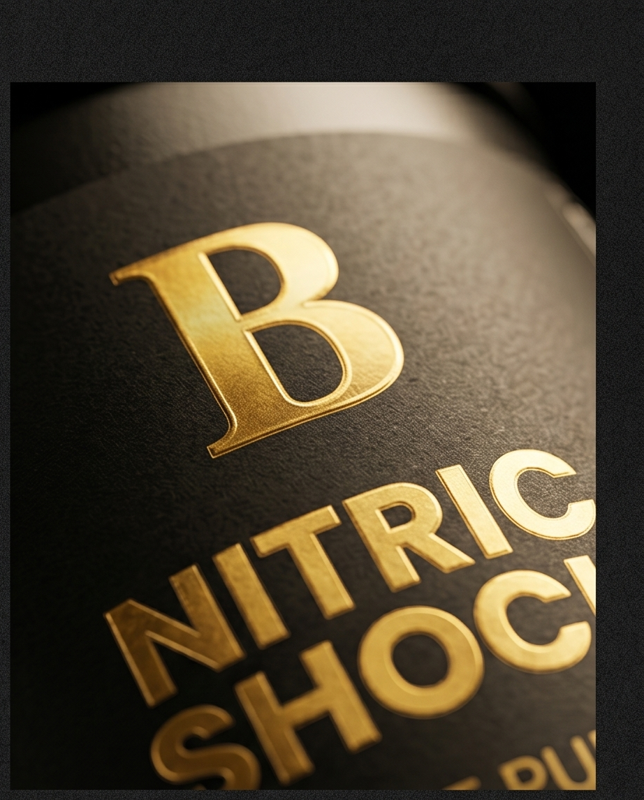 Close-up of a product labeled 'Nitric Shock' with a gold 'B' on a black background. Bishop Elite Supplements 