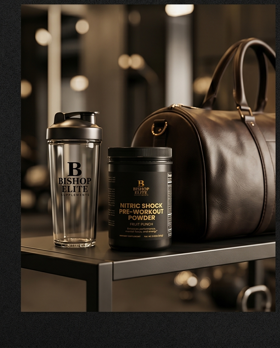 Bishop Elite supplement container, shaker bottle, and brown duffel bag on a dark surface with blurred lights in the background. Bishop Elite Supplements 