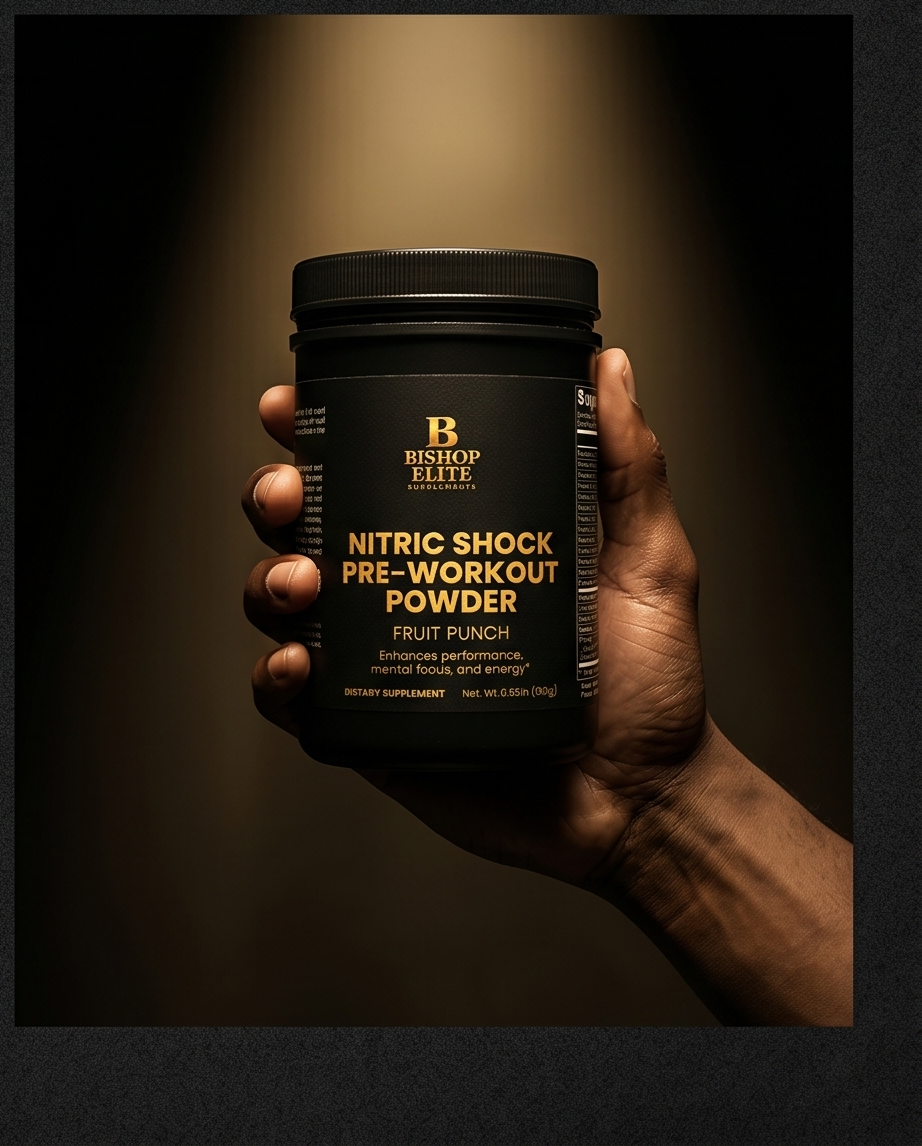 Hand holding a container of Bishop Elite Nitric Shock pre-workout powder against a dark background.  Bishop Elite Supplements 