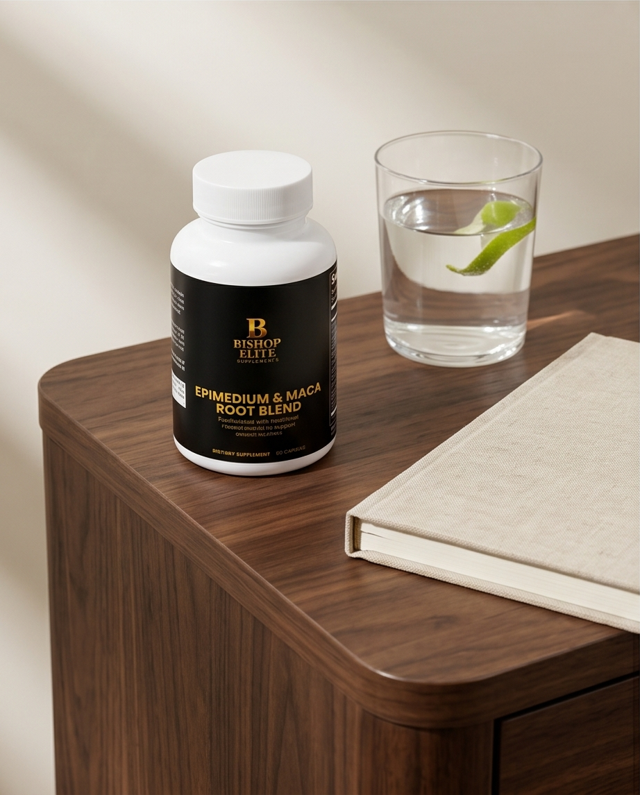 Bottle of Epimedium & Maca Root Blend on a wooden surface with a glass of water and a notebook. Bishop Elite Supplements 