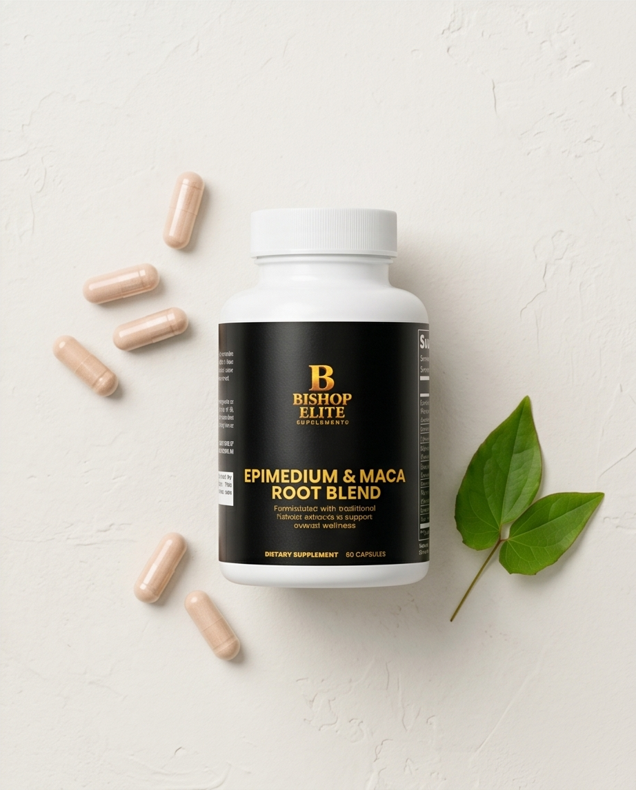 Supplement bottle labeled 'Epimedium & Maca Root Blend' by Bishop Elite on a light background with capsules and leaves. Bishop Elite Supplements 