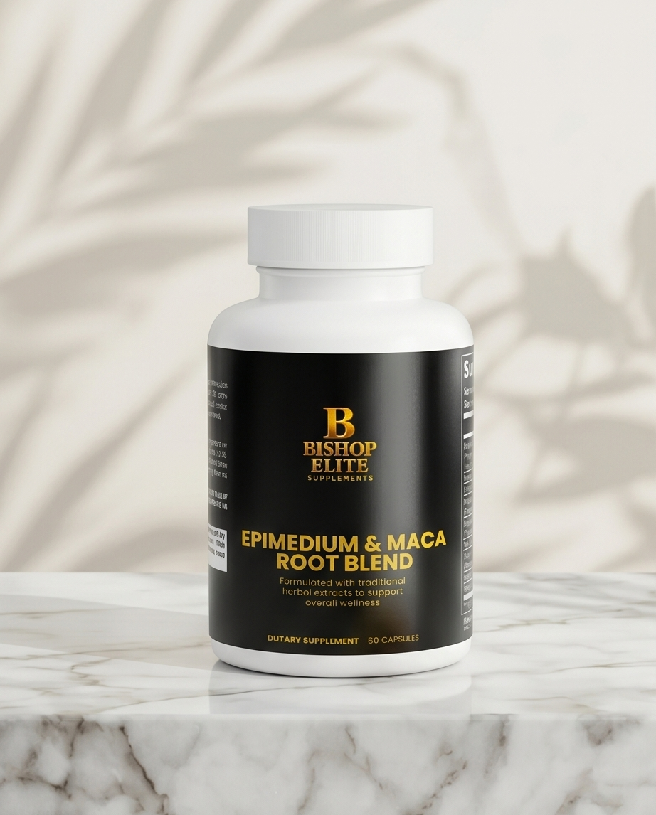 Supplement bottle labeled 'Epimedium & Maca Root Blend' by Bishop Elite on a marble surface with a light background. Bishop Elite Supplements 