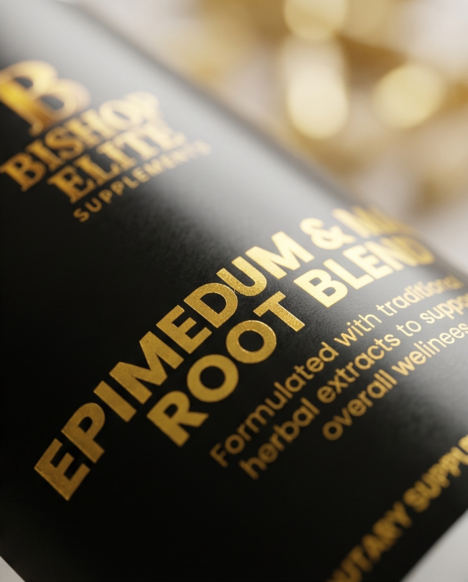 Black supplement bottle with gold text on a blurred background.  Bishop Elite Supplements 