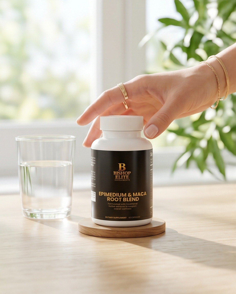 Hand holding a bottle of Bistort & Co. Epimedium & Maca Root Blend on a table with a glass of water and plants in the background. Bishop Elite Supplements 