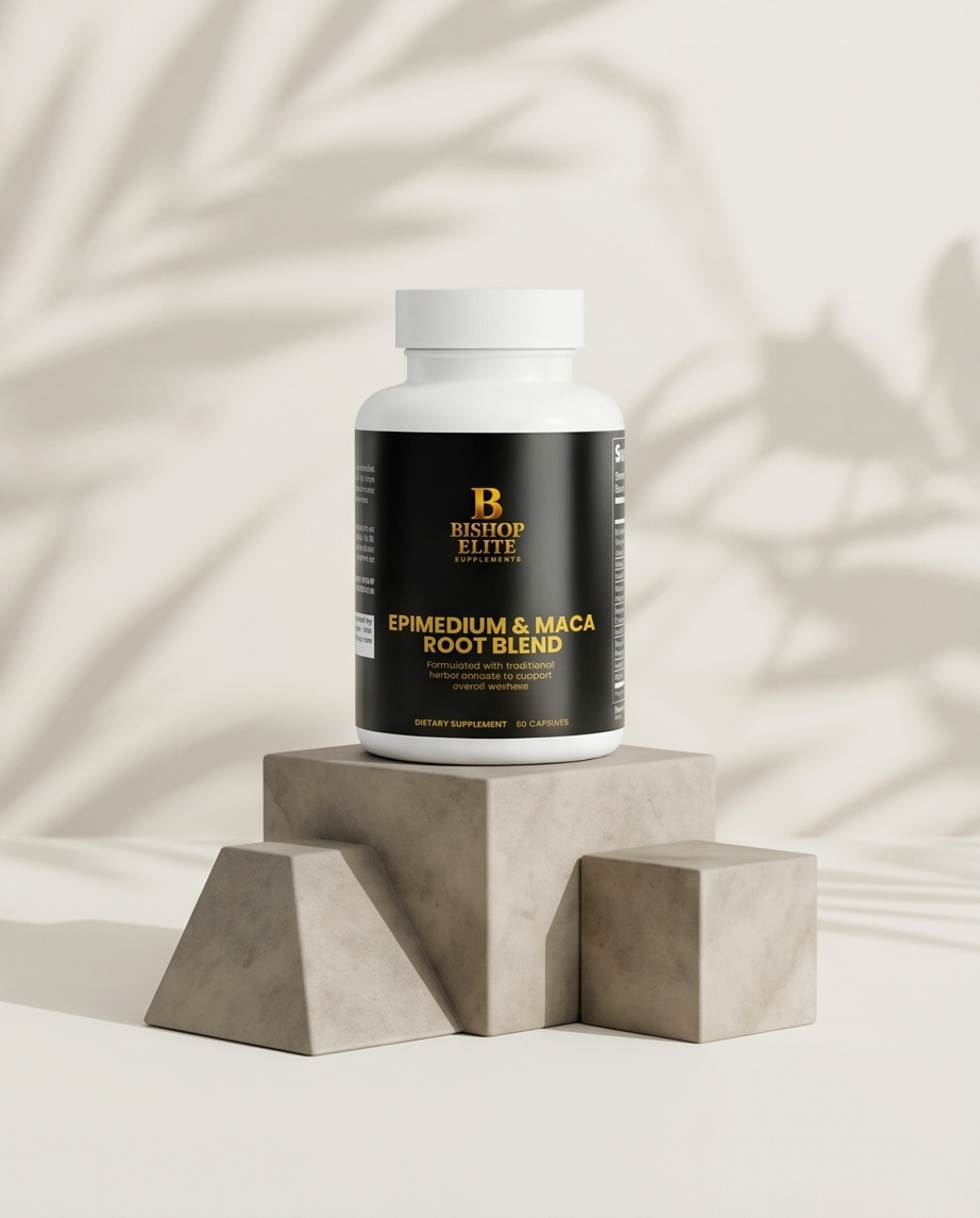 Supplement bottle labeled 'Epimedium & Maca Root Blend' on a geometric stone platform with a neutral background.  Bishop Elite Supplements 