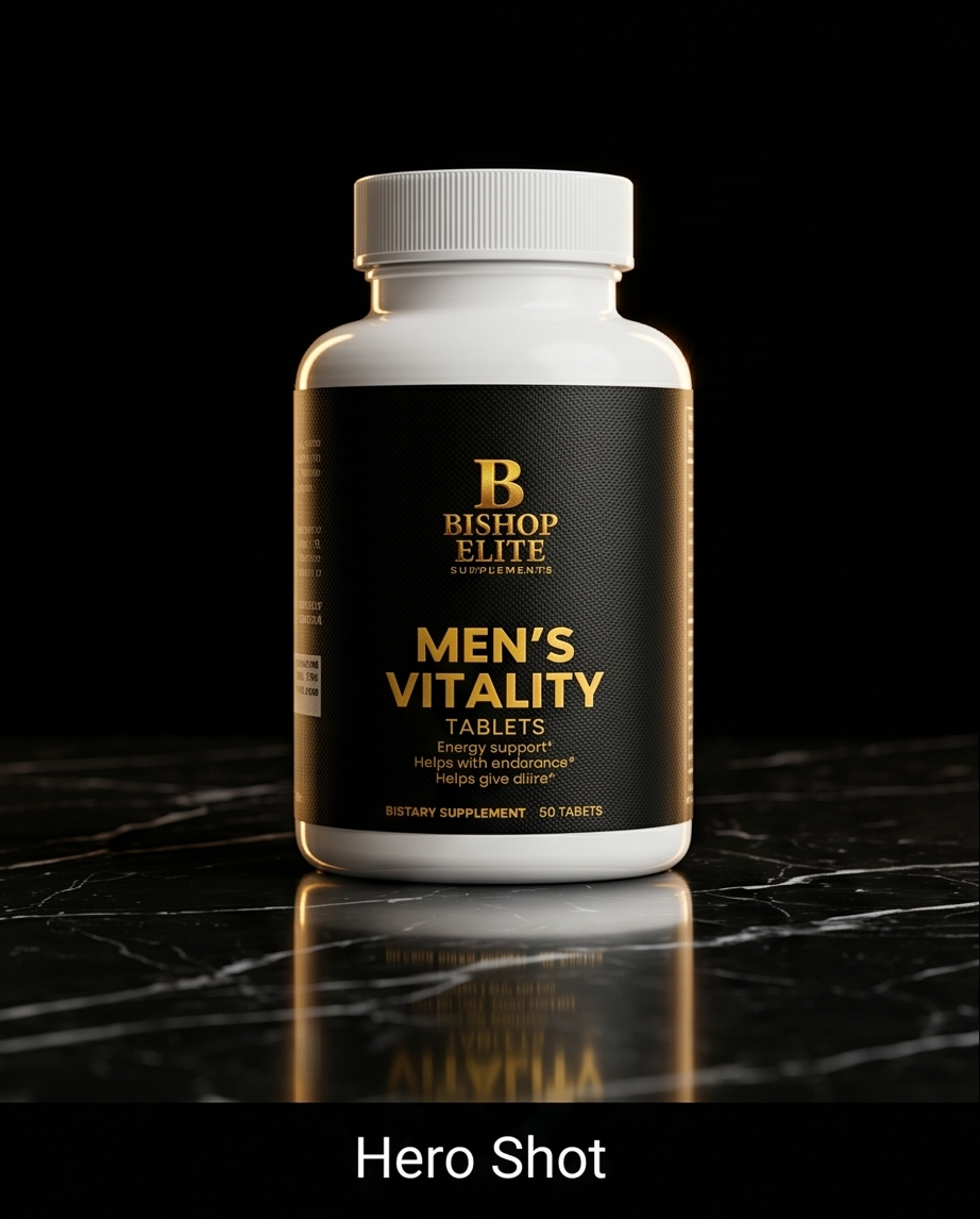 Bottle of Bishop Elite Men's Vitality Tablets on a black background.  Bishop Elite Supplements 