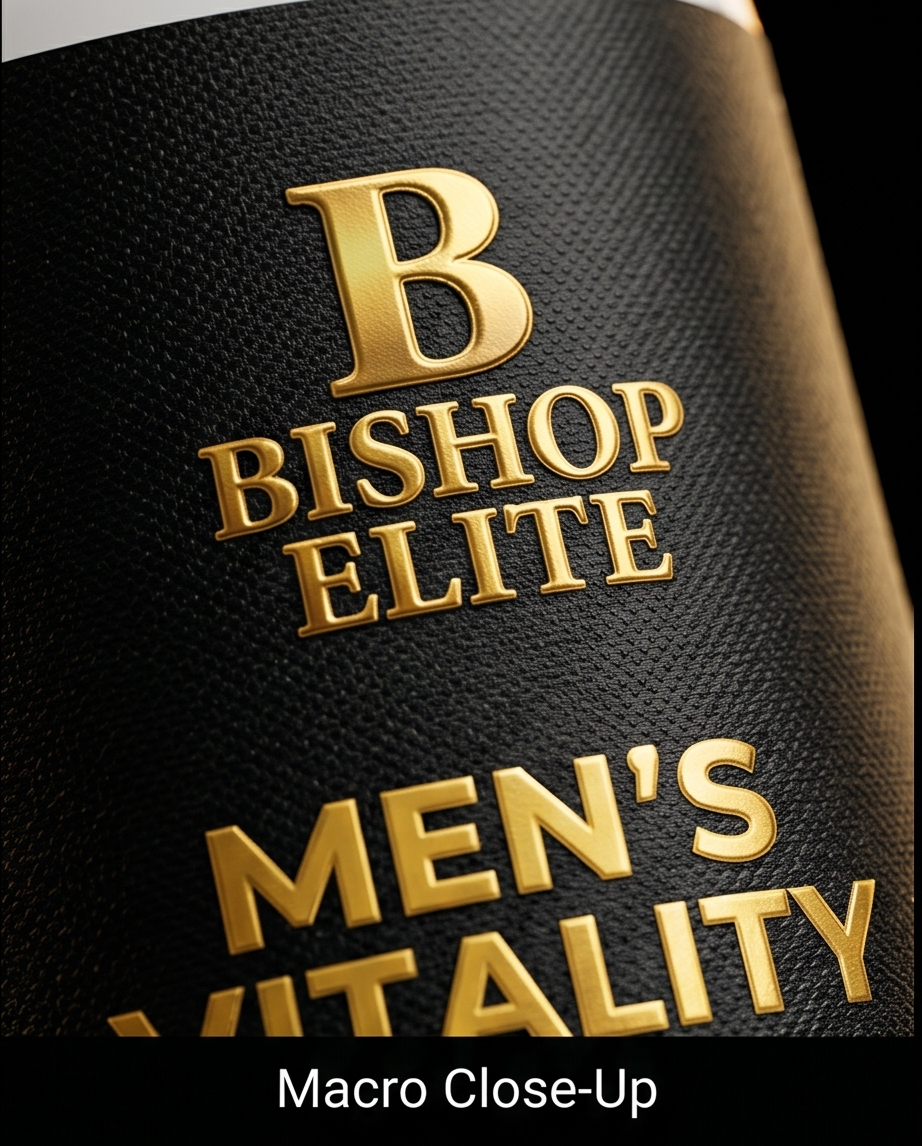 Close-up of a product packaging with 'Bishop Elite Men's Vitality' text on a black background. Bishop Elite Supplements 