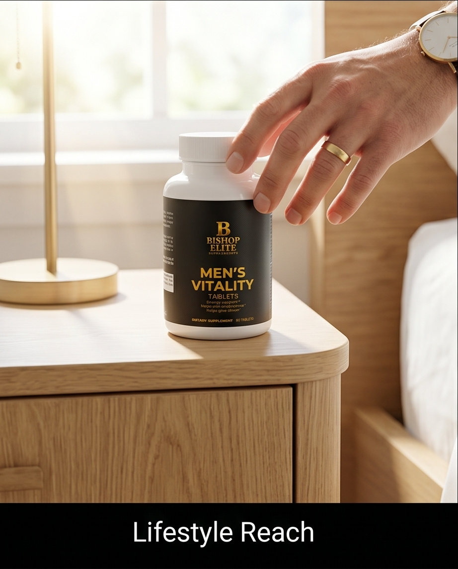 Bottle of Men's Vitality tablets on a nightstand with a hand reaching out. Bishop Elite Supplements 