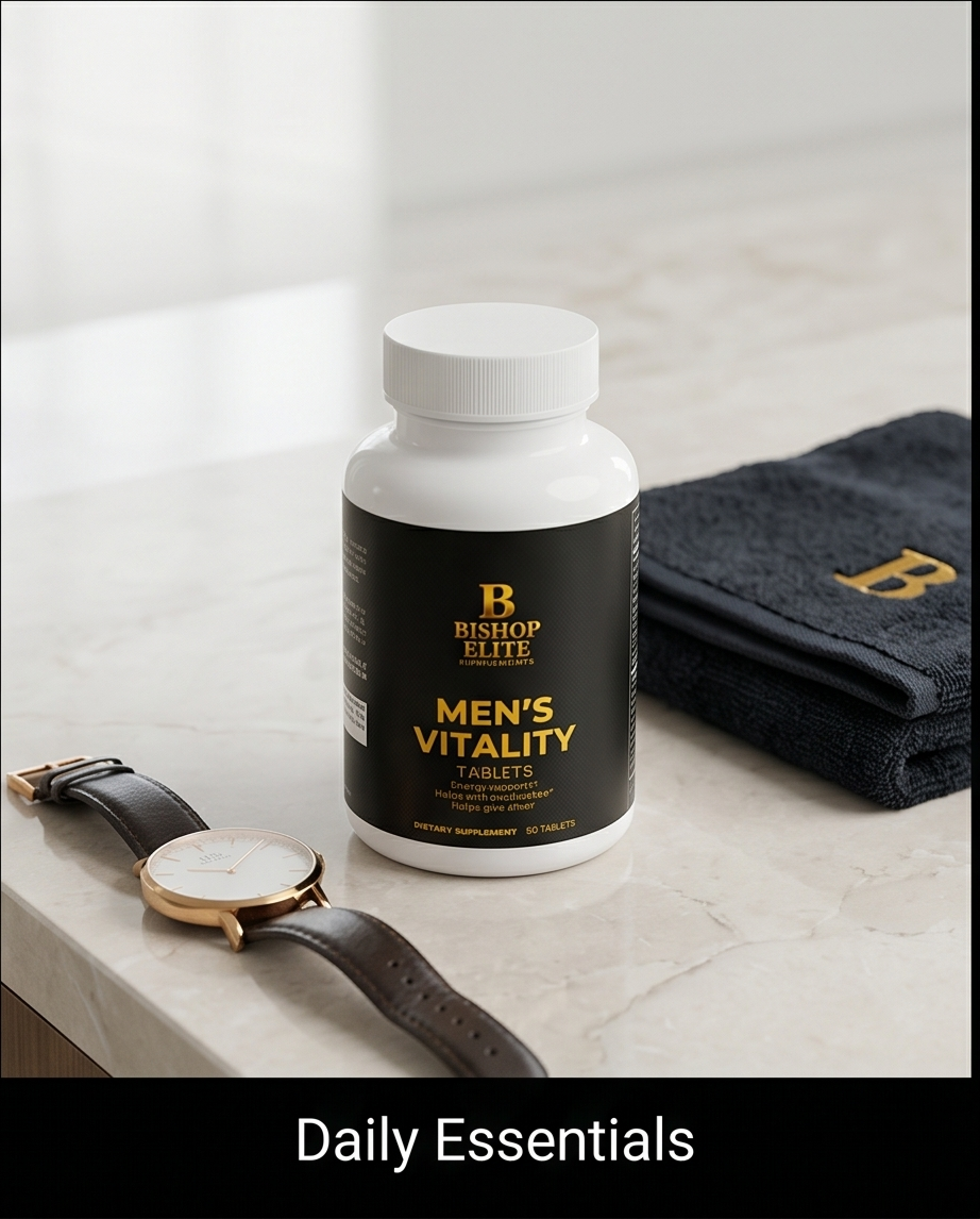 Bottle of Bishop Elite Men's Vitality Tablets on a marble surface with a watch and towel.. bishop Elite Supplements 