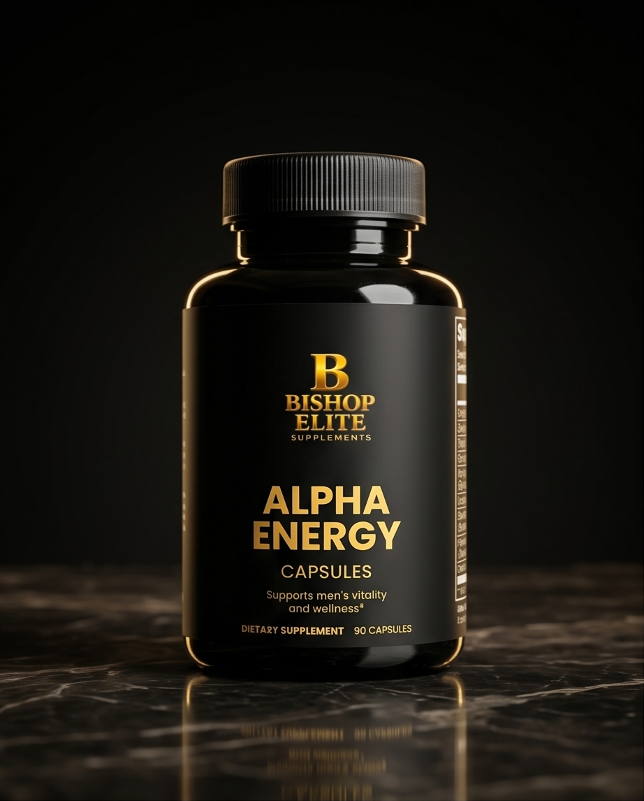 Black supplement bottle labeled 'Alpha Energy' by Bishop Elite on a dark background.  Bishop Elite Supplements 