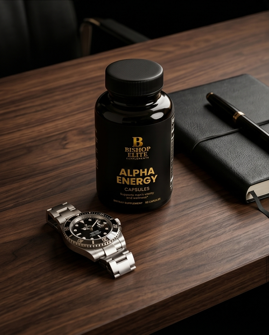 Bottle of Alpha Energy capsules by Bishop Nutrition on a wooden surface with a watch and notebook. Bishop Elite Supplements 