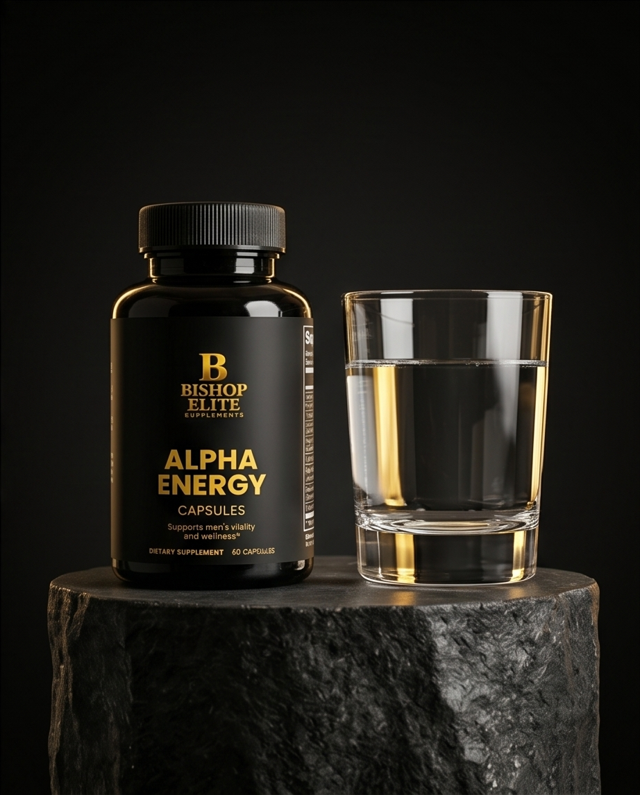 Bishop Elite Alpha Energy capsules bottle with a glass of liquid on a dark background.  Bishop Elite Supplements 