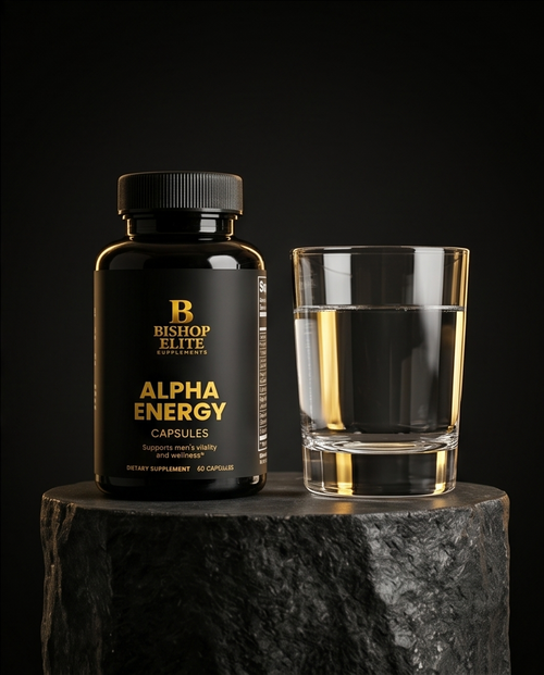 Bishop Elite Alpha Energy capsules bottle with a glass of liquid on a dark background.  Bishop Elite Supplements 