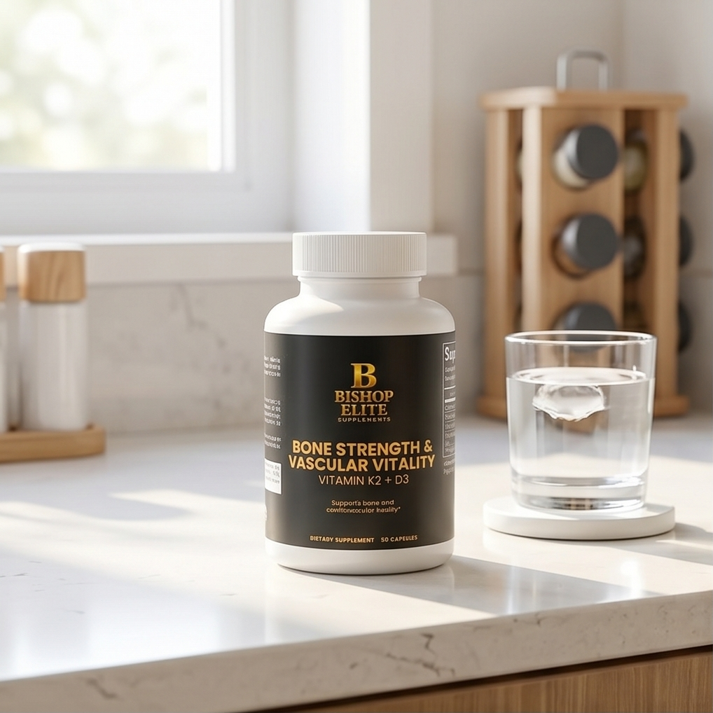 Supplement bottle labeled 'Bishop Elite' on a kitchen counter with a glass of water..  bishop Elite Supplements 