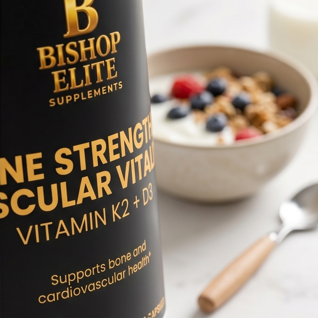 Bishop Elite Supplements container with a bowl of cereal and berries in the background.  Bishop Elite Supplements 