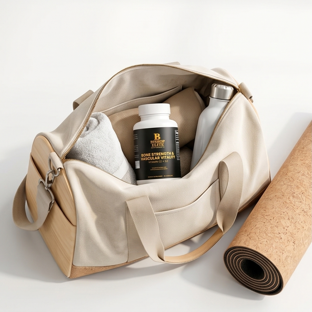 Beige gym bag with a yoga mat, towel, and supplement bottle on a white background.  Bishop Elite Supplements 