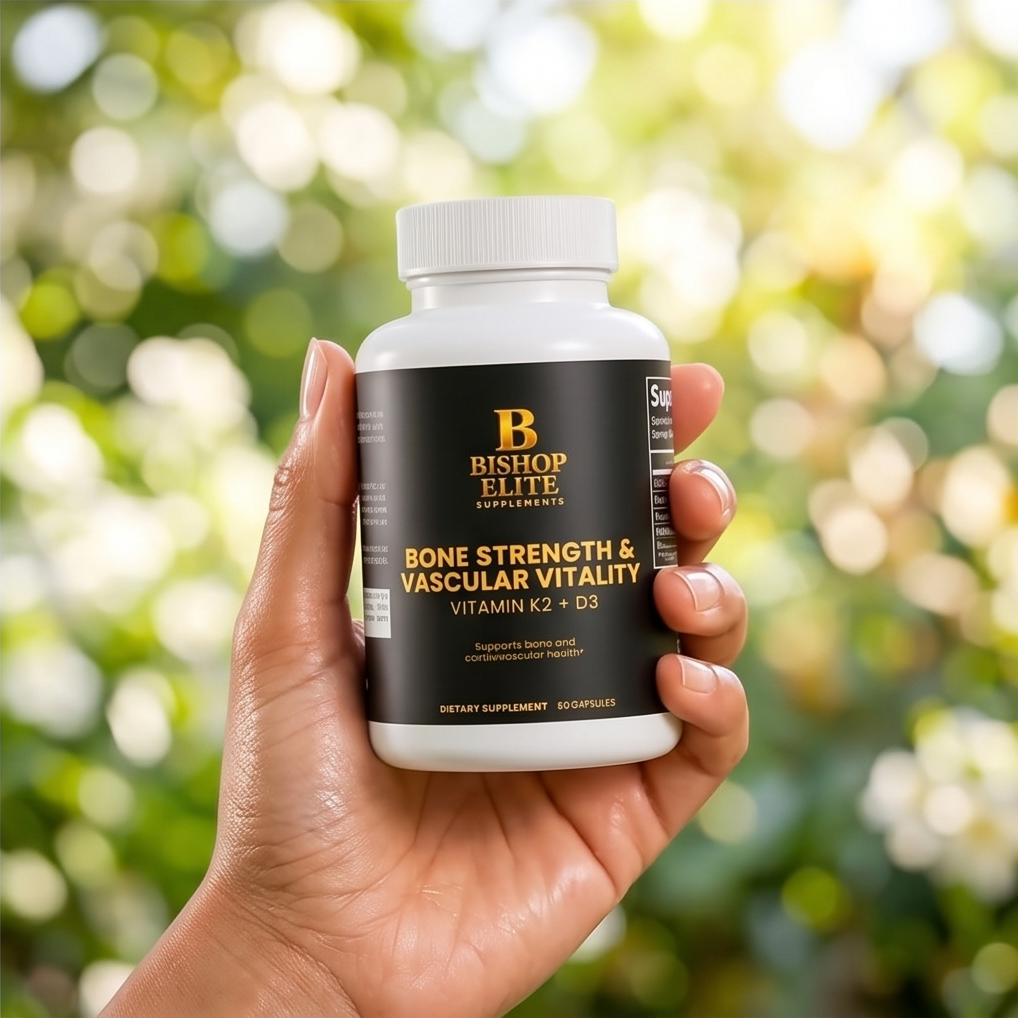 Hand holding a bottle of Bishop Elite supplements with a blurred green and yellow background.  Bishop Elite Supplements 