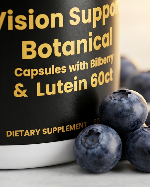 Vision support botanical capsules with bilberry and lutein next to blueberries on a marble surface. Bishop Elite Supplements 