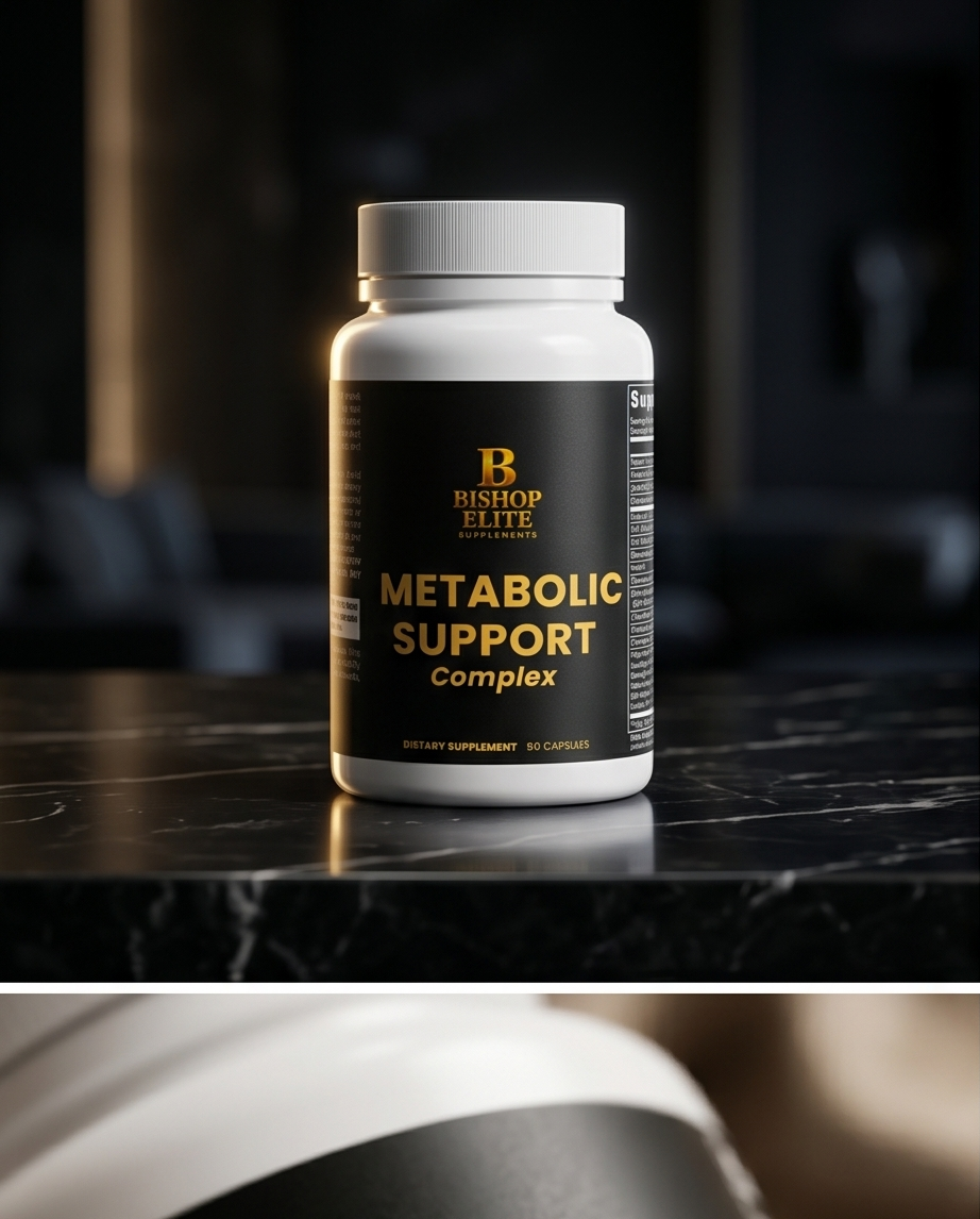 Bottle of Bishop Elite Metabolic Support Complex on a dark surface with a blurred background.  Bishop Elite Supplements 