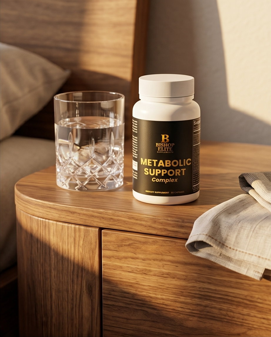 Biosuper Metabolic Support Complex supplement bottle on a wooden nightstand with a glass of water. Bishop Elite Supplements 