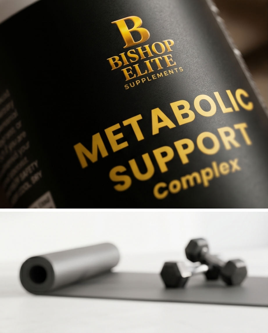 Bishop Elite Supplements Metabolic Support Complex bottle with gym equipment in the background.  Bishop Elite Supplements 
