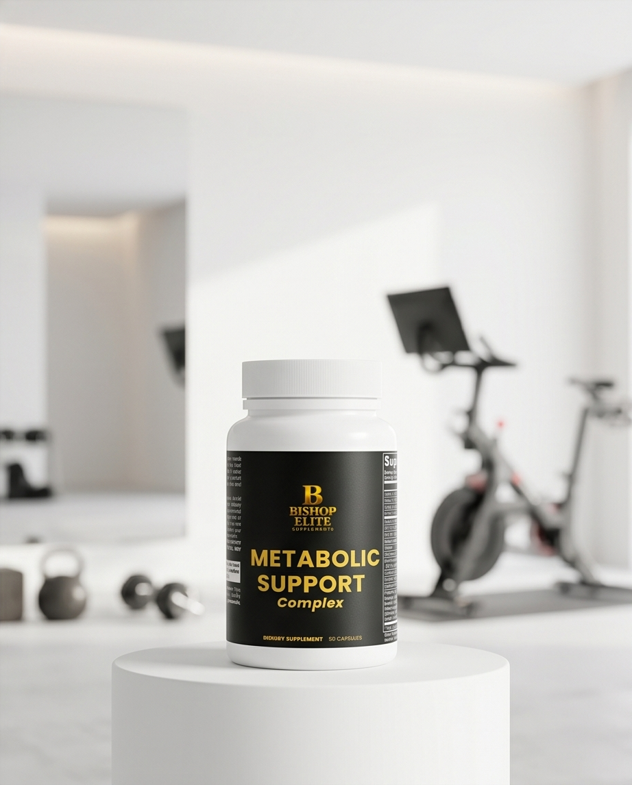 Supplement bottle labeled 'Metabolic Support Complex' on a kitchen counter with blurred background.  Bishop Elite Supplements 