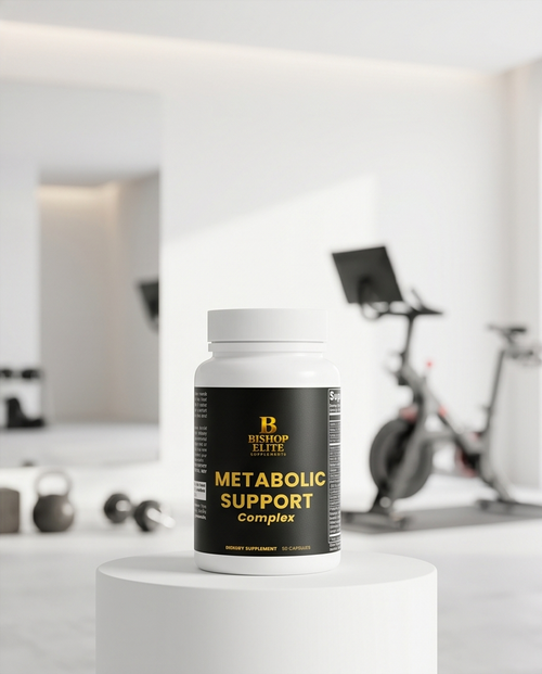 Supplement bottle labeled 'Metabolic Support Complex' on a kitchen counter with blurred background.  Bishop Elite Supplements 