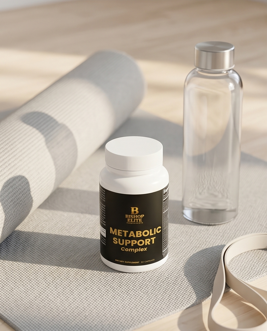 Metabolic Support supplement bottle on a light surface with a water bottle and yoga mat in the background.  Bishop Elite Supplements 