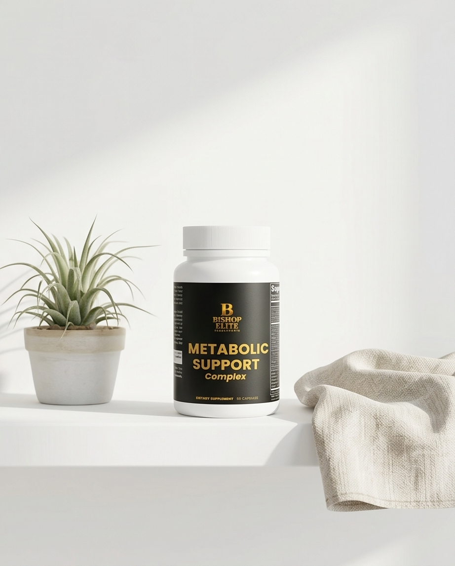 Biotics Elite Metabolic Support supplement bottle on a white surface with a plant and towel in the background.  Bishop Elite Supplements 