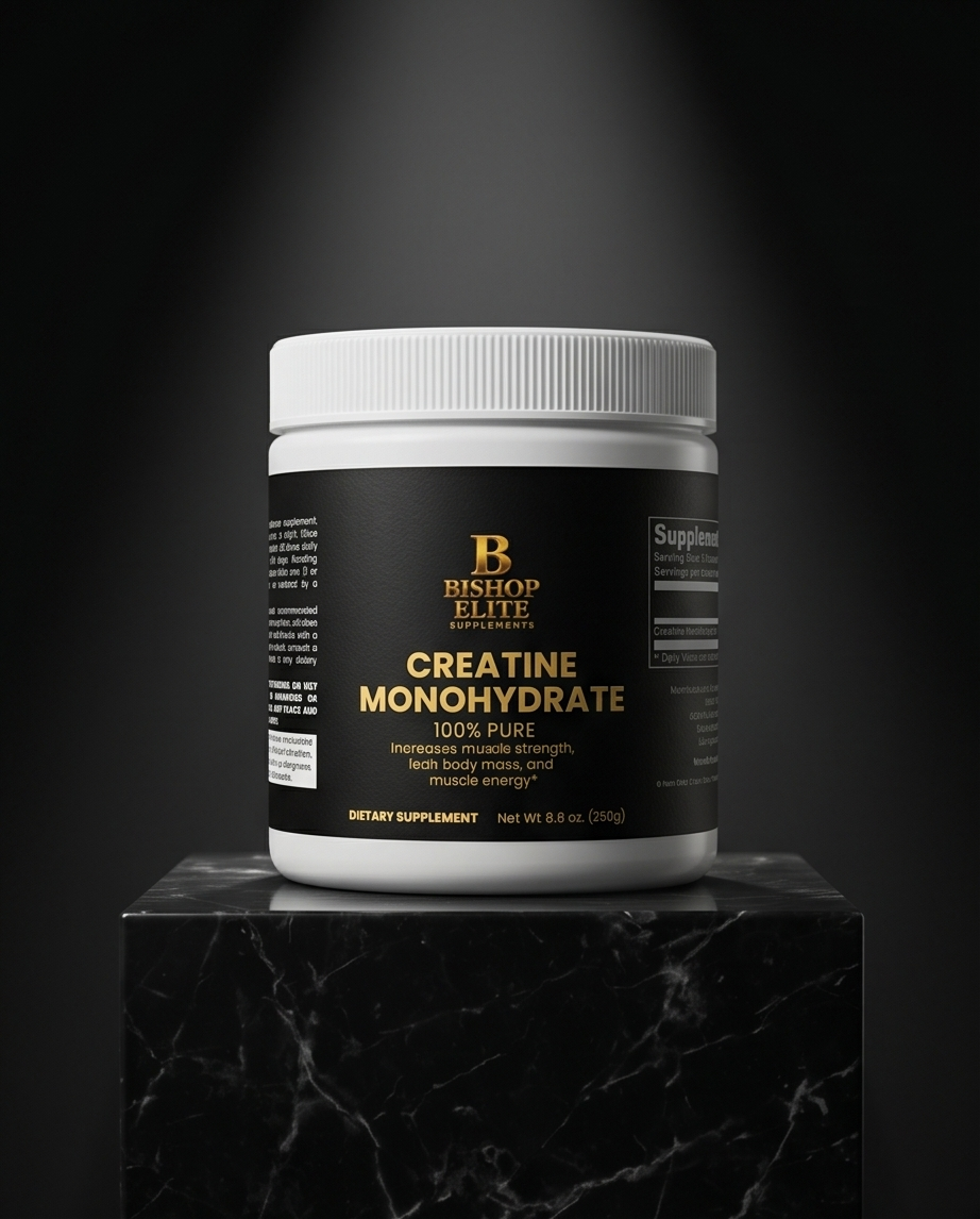 Bottle of Bishop Elite Creatine Monohydrate on a dark background.  Bishop Elite Supplements 