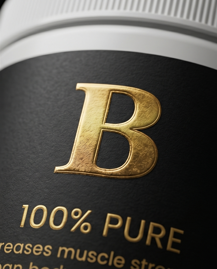 Close-up of a product with a gold 'B' and text on a black background. Bishop Elite Supplements 
