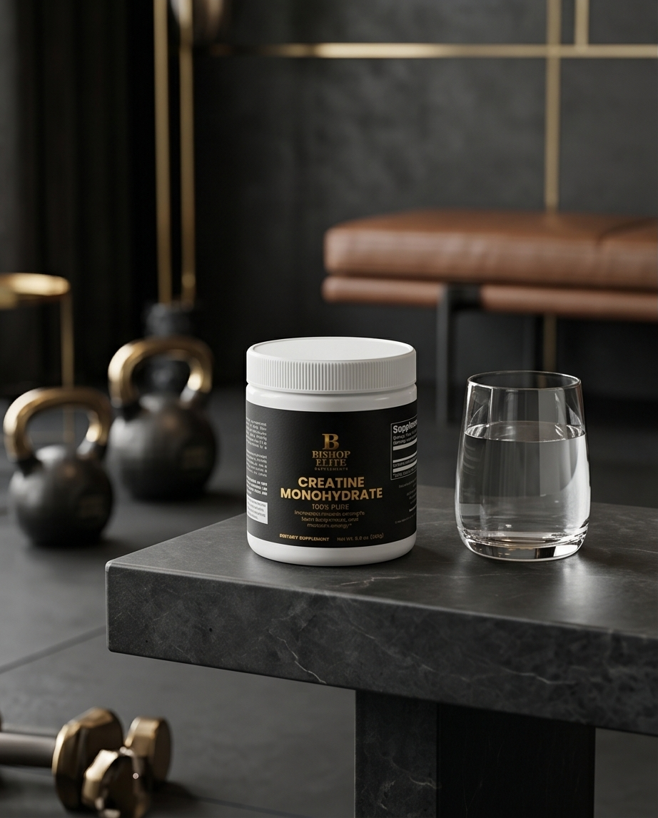 Supplement container labeled 'Creatine Monohydrate' on a dark surface with kettlebells and a glass of water in the background. Bishop Elite Supplements 