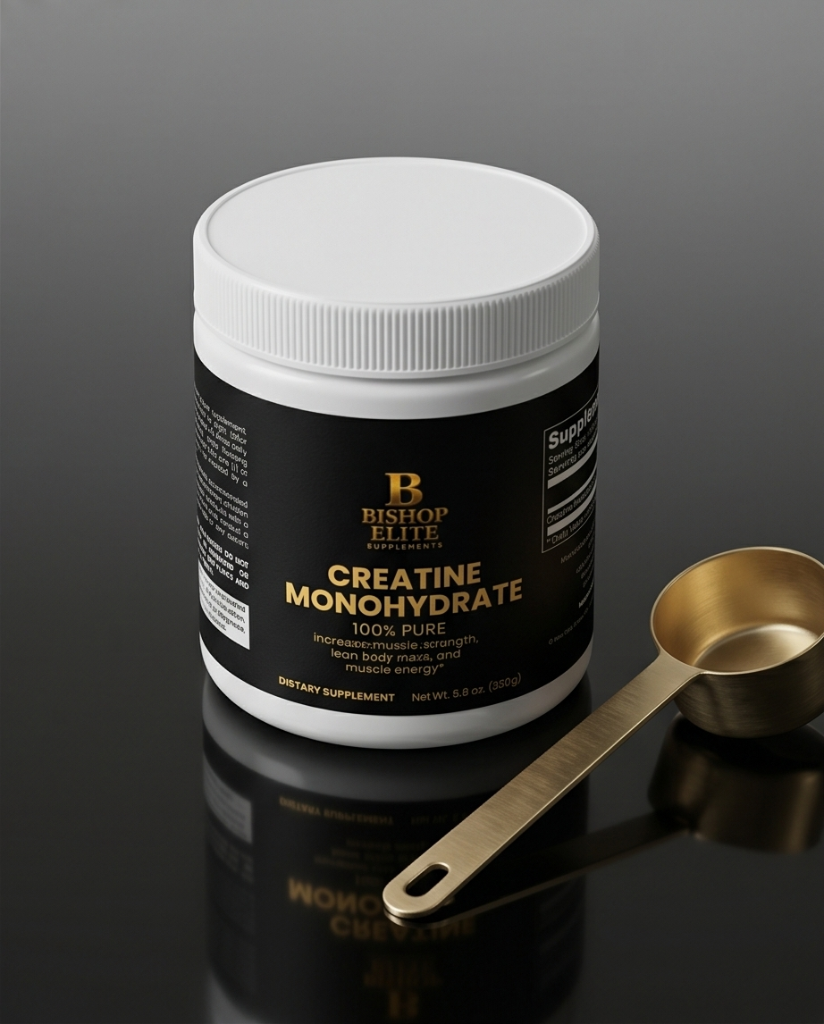 Supplement container labeled 'Creatine Monohydrate' with a measuring spoon on a reflective surface. Bishop Elite Supplements 