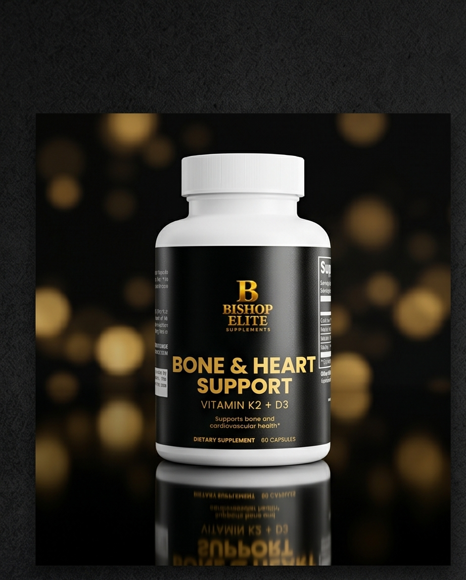 Supplement bottle labeled 'Bone & Heart Support' with a dark background.  Bishop Elite Supplements 