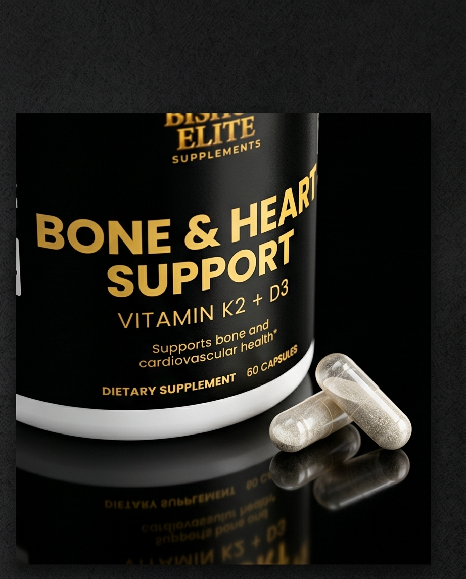 Dietary supplement container labeled 'Bone & Heart Support' with capsules on a reflective surface. Bishop Elite Supplements 
