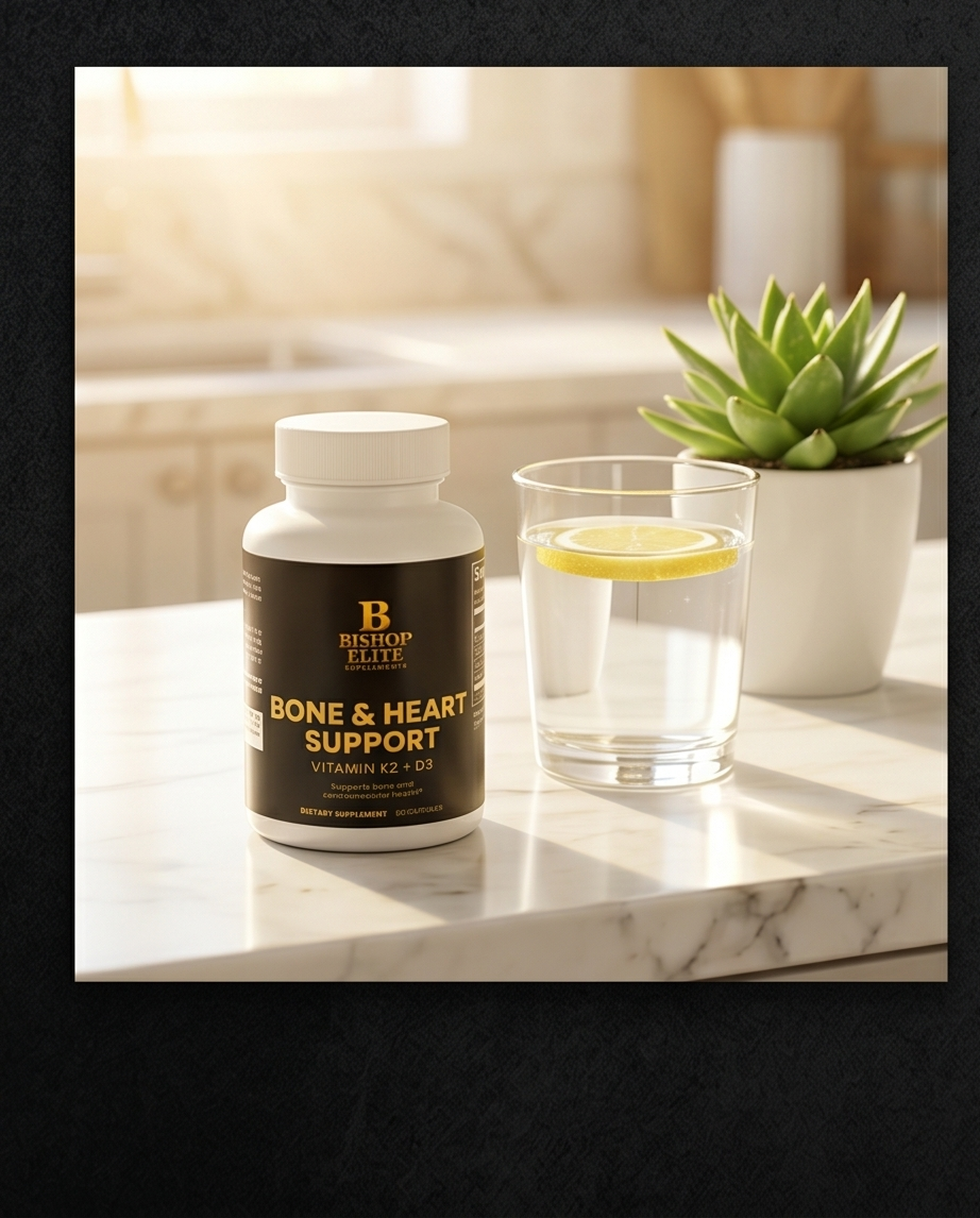 Supplement bottle labeled 'Bone & Heart Support' on a marble surface with a glass of water and lemon. Bishop Elite Supplements 
