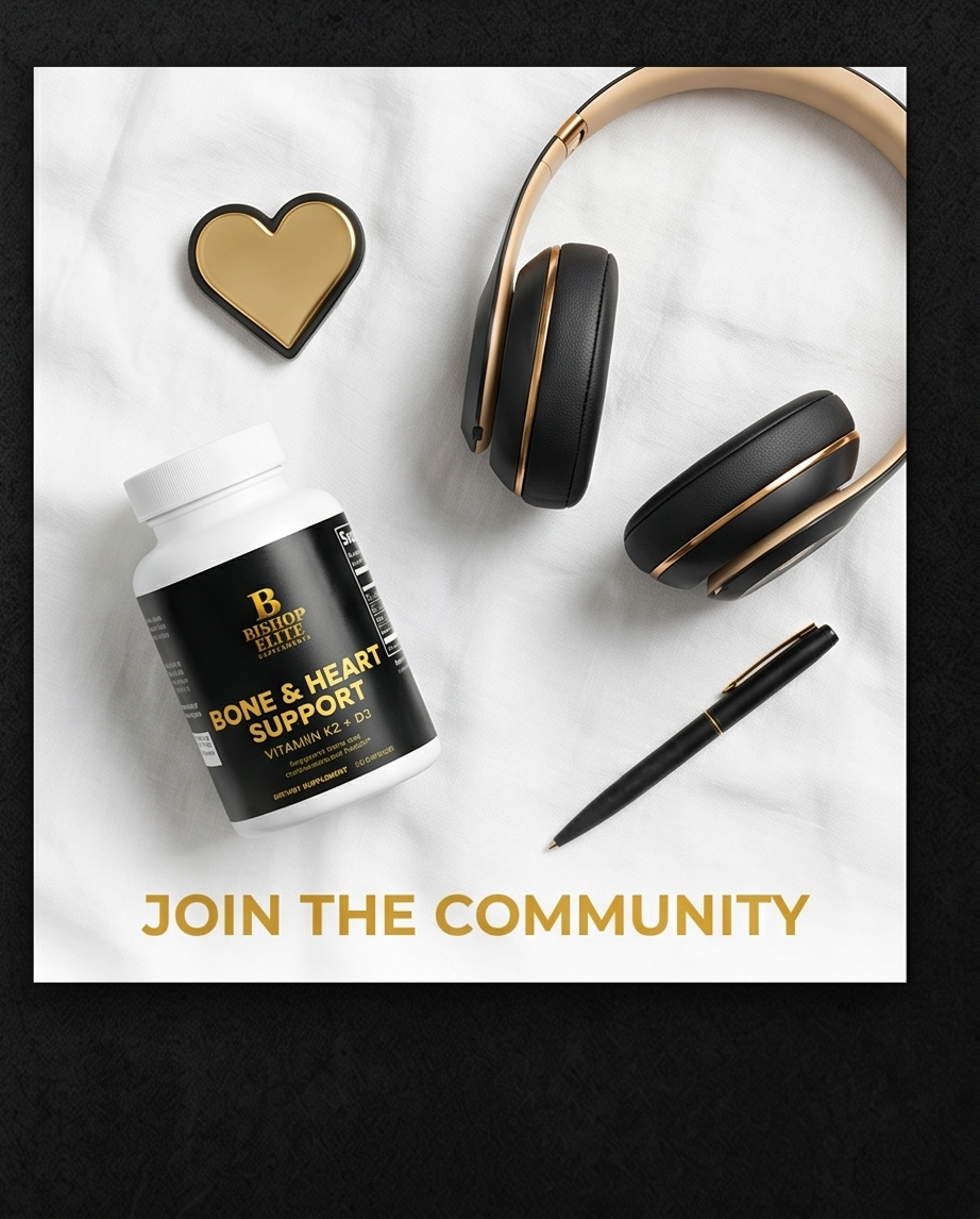Supplement bottle, heart-shaped object, headphones, pen on a white background with 'Join the Community' text. Bishop Elite Supplements 