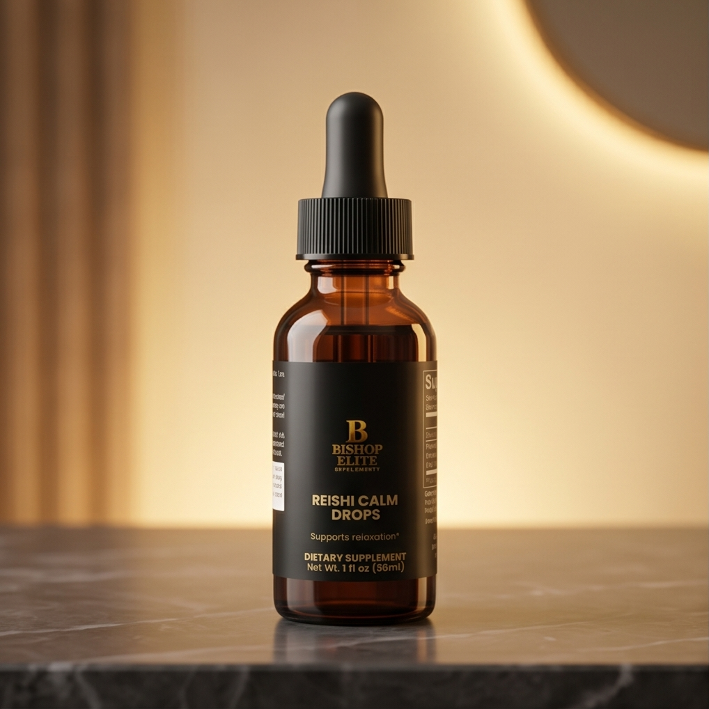 Bottle of Bishop Elite Reishi Calm Drops on a reflective surface with a warm background.  Bishop Elite Supplements 