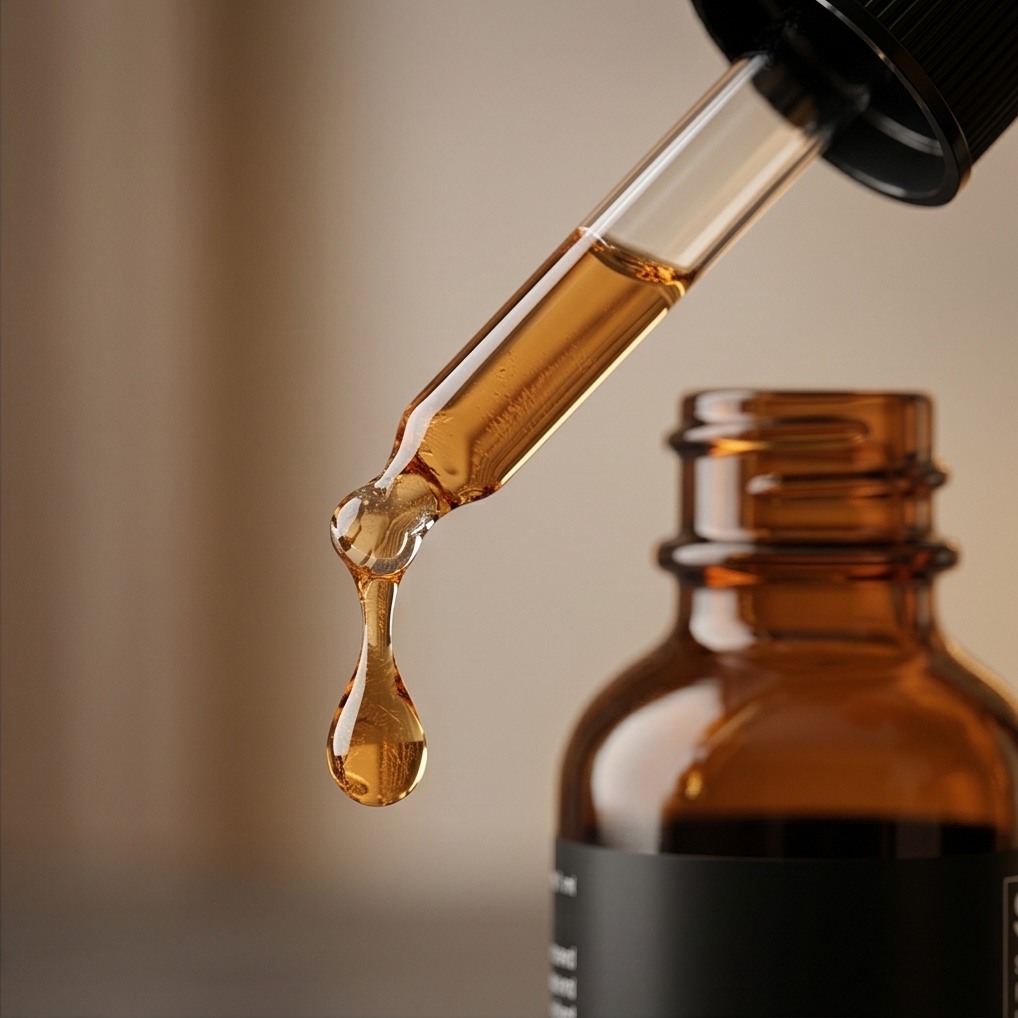 Amber-colored oil dropper with a blurred background.  Bishop Elite Supplements 