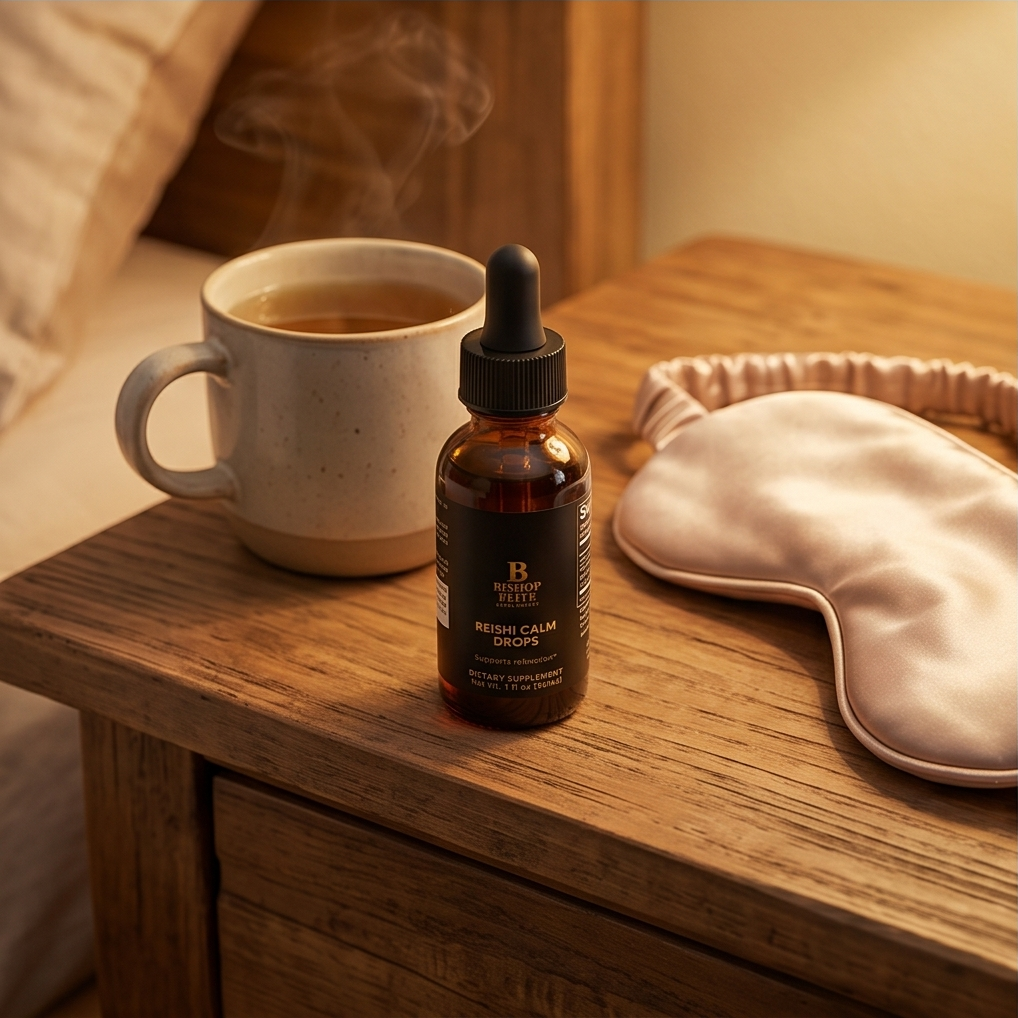 Bottle of Reishi Camellia Sleep Tincture on a wooden surface with a steaming cup of coffee and a sleep mask. Bishop Elite Supplements 